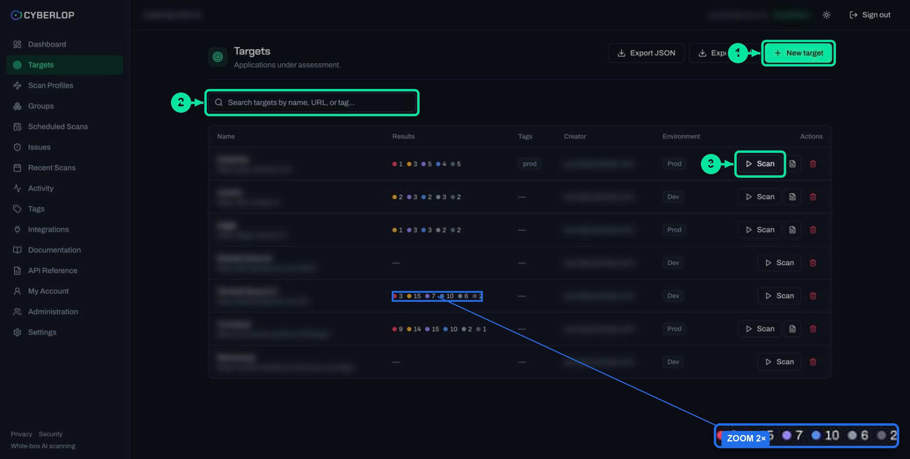Targets list with search, Export JSON and Export CSV buttons, severity dots and environment badges
