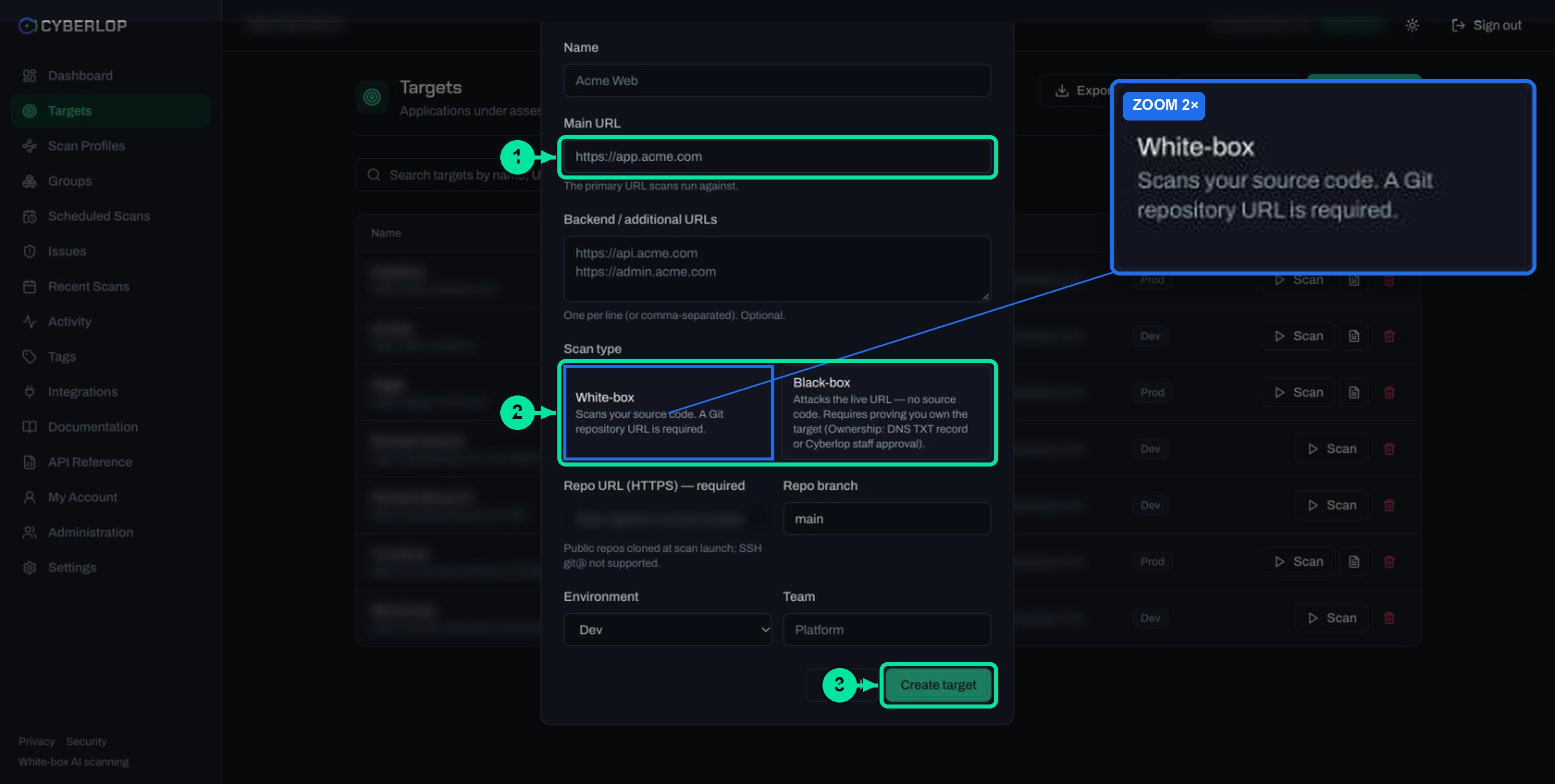 New target dialog in white-box state with the HTTPS repository URL field and branch.