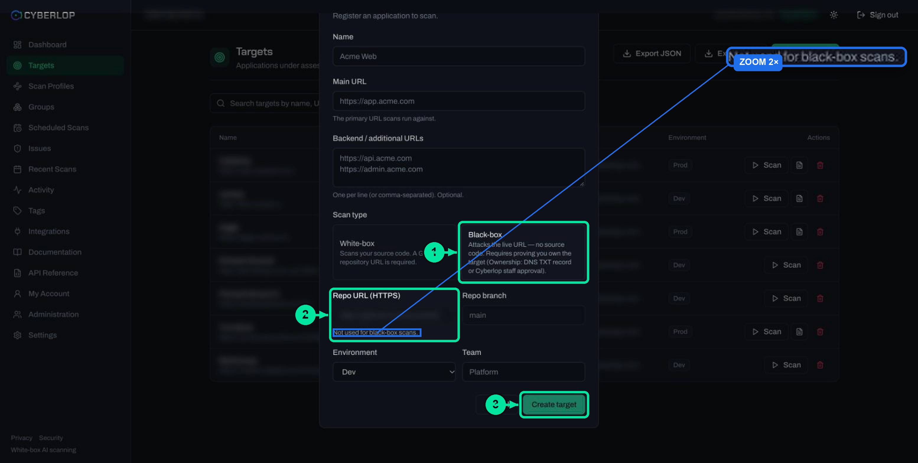 New target dialog with Black-box chosen, repository and branch fields greyed out and the text Not used for black-box scans.
