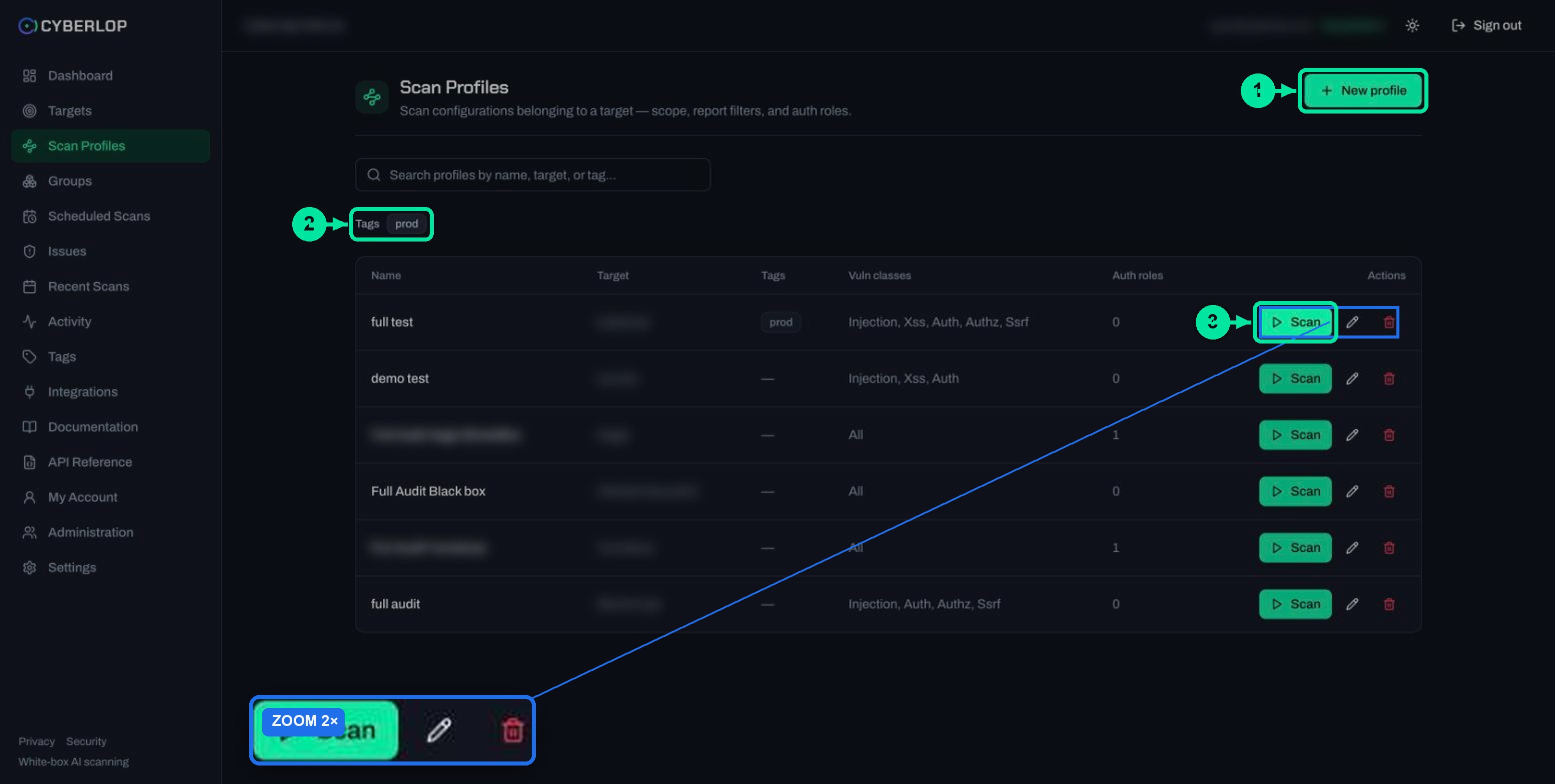 Scan Profiles list with search, tag filter and a green Scan button, pencil and delete icon on each row.