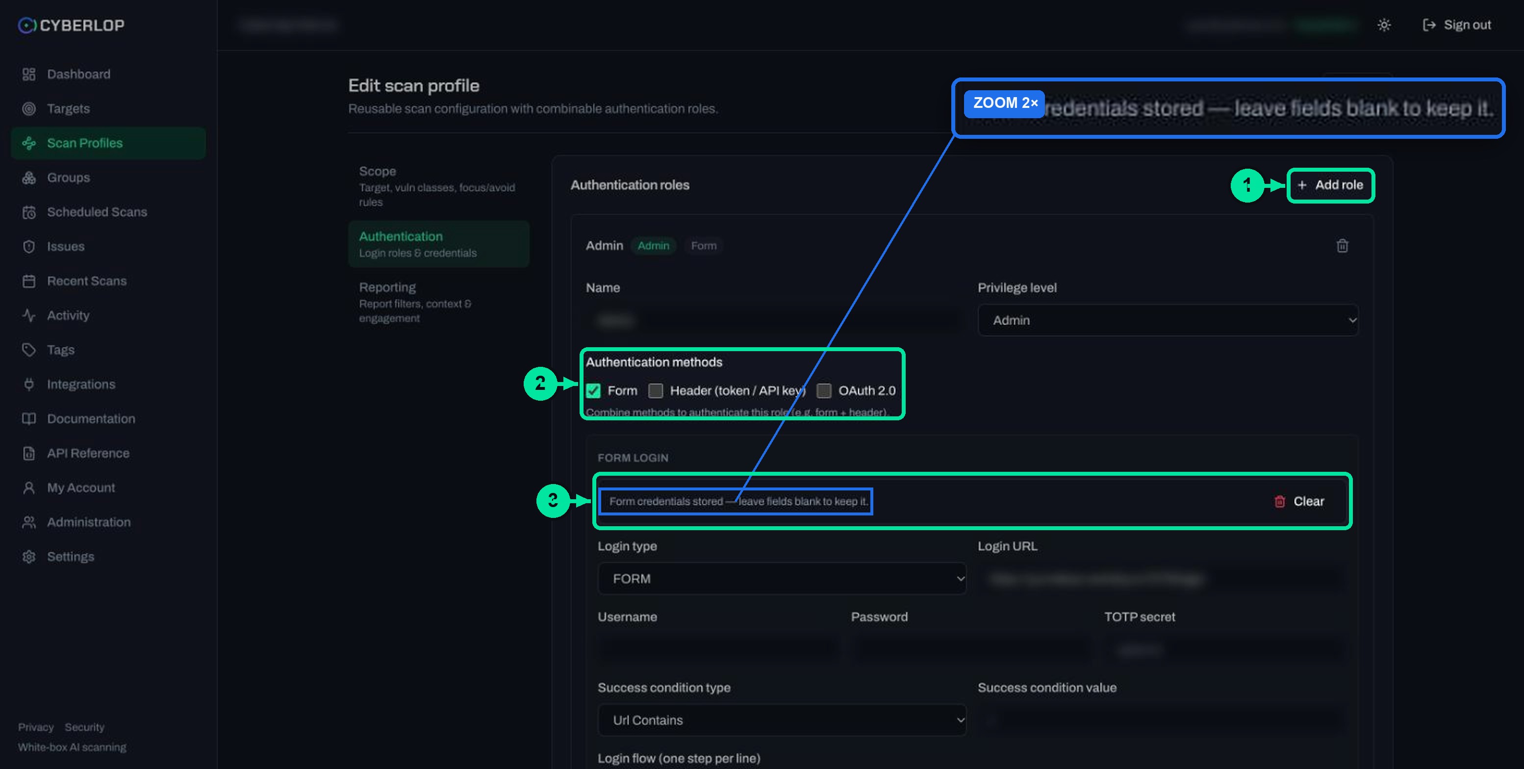 Edit profile Authentication section with an Admin role and a notice that stored credentials are kept when fields are blank.