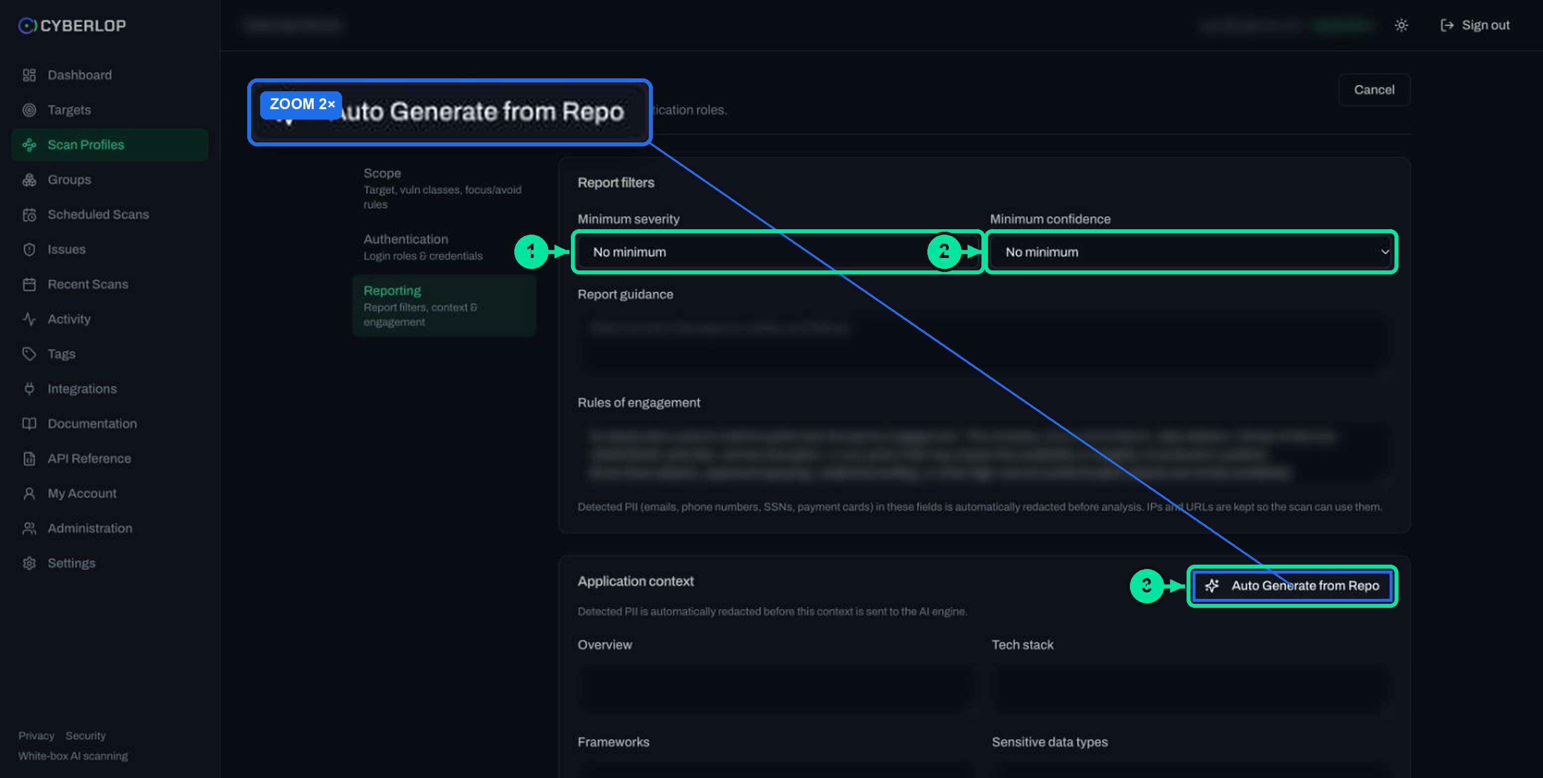 Edit scan profile Reporting section with the Auto Generate from Repo button enabled on a saved profile.