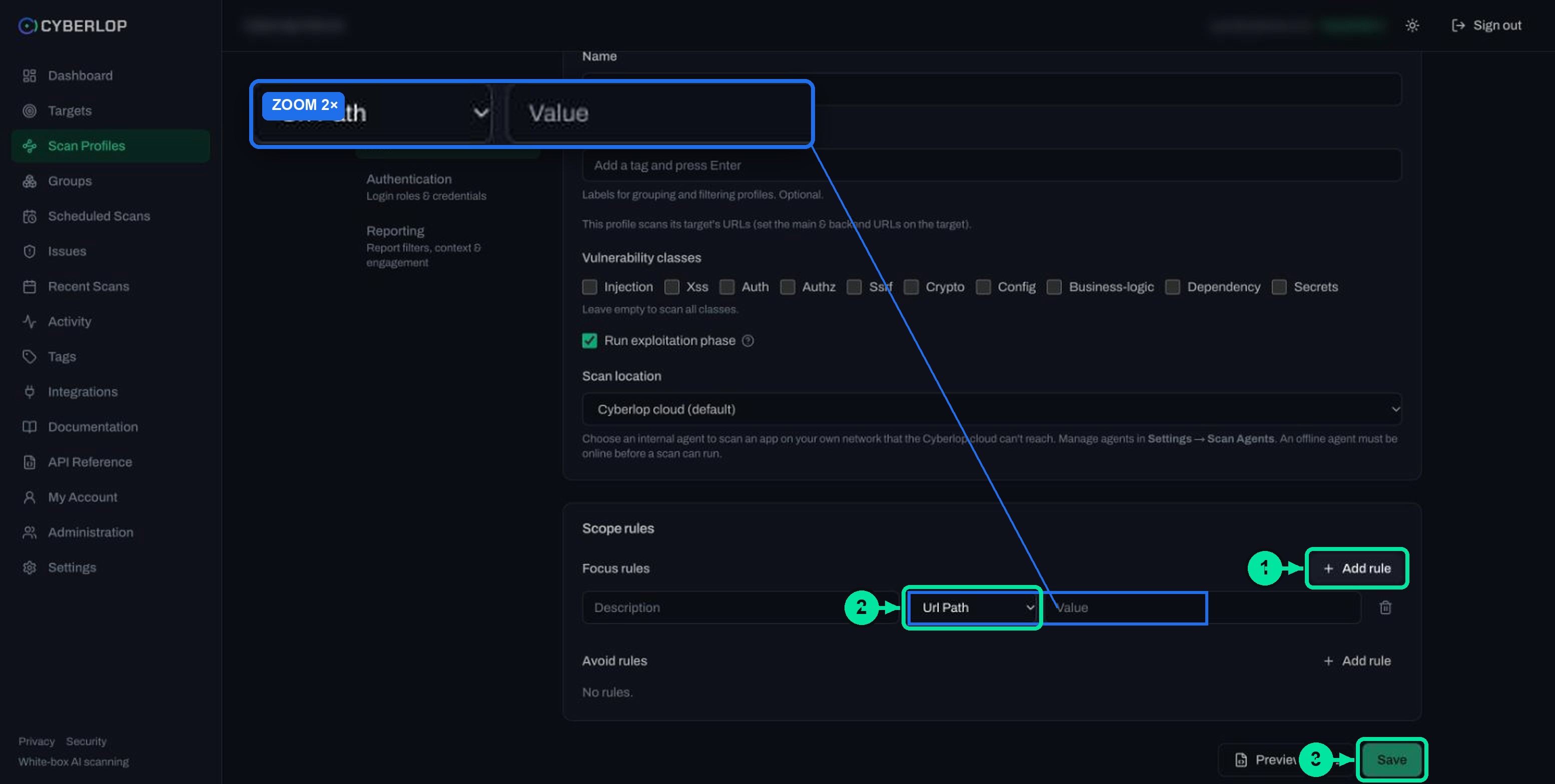 Scope rules area of the new profile form with an empty focus rule row showing description, type and value