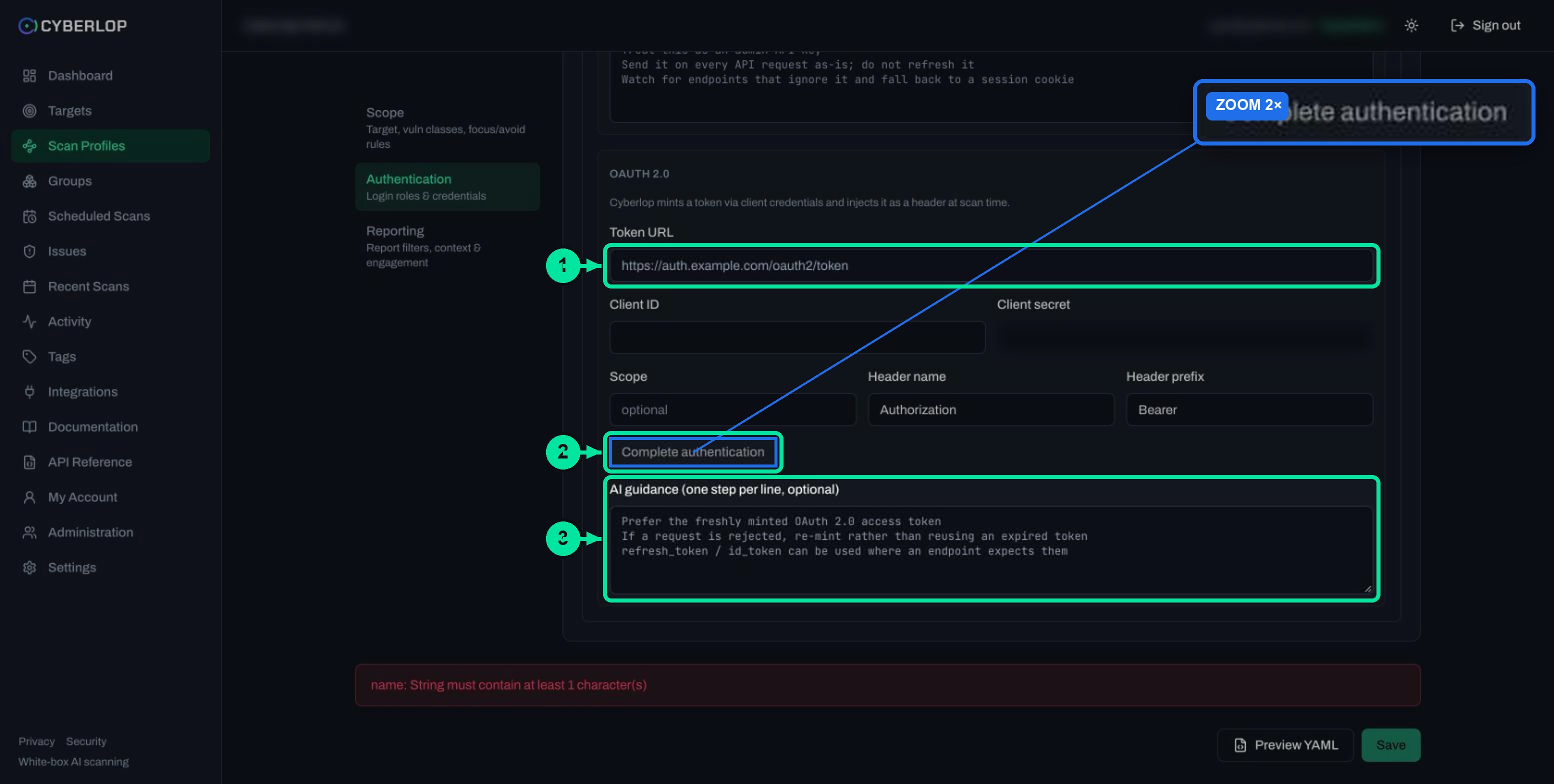 OAuth 2.0 block with token URL, client ID, scope, header name, prefix, Complete authentication button and AI guidance.