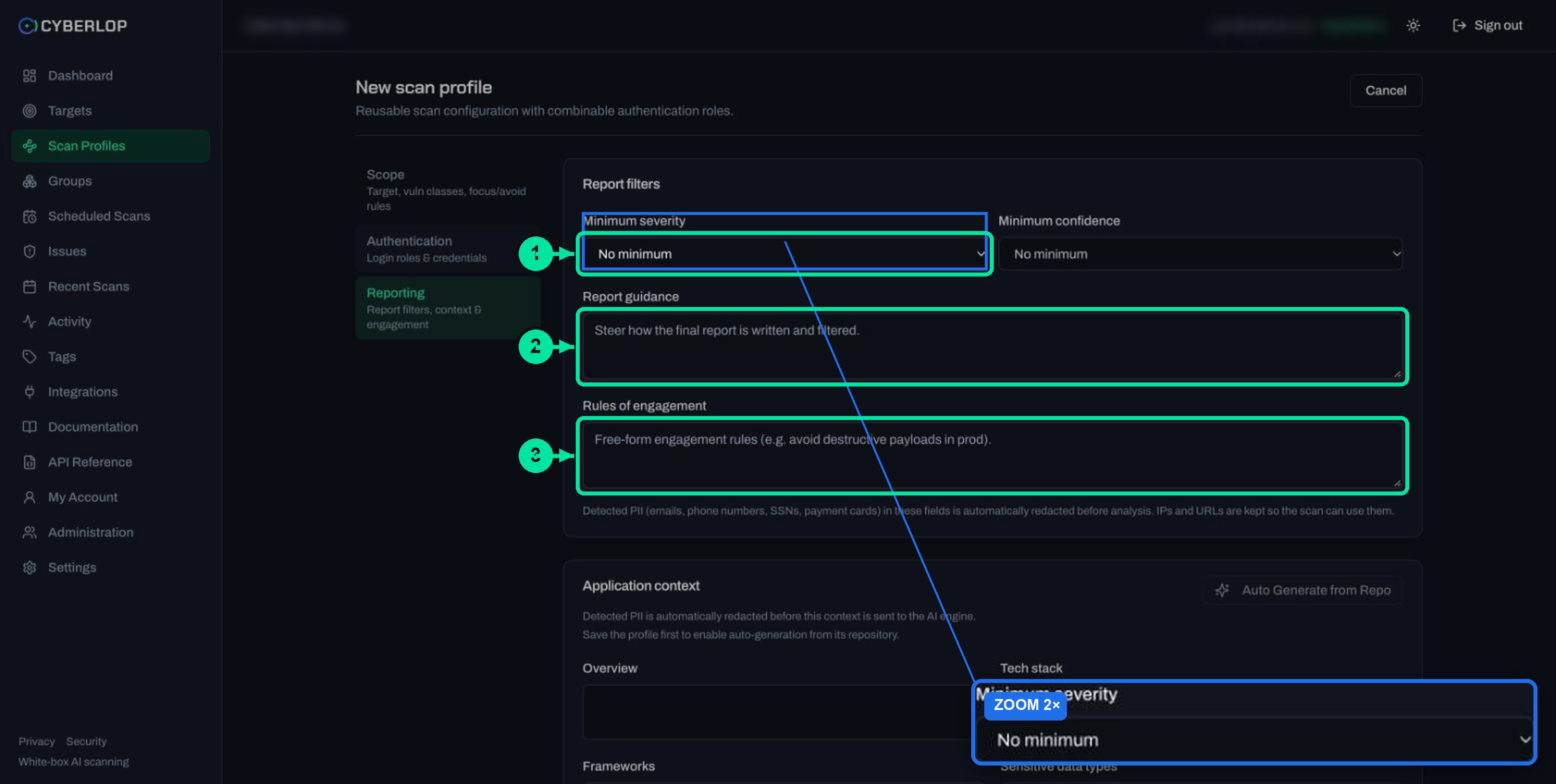 Reporting section of the new scan profile form with minimum severity, confidence, report guidance and rules of engagement.