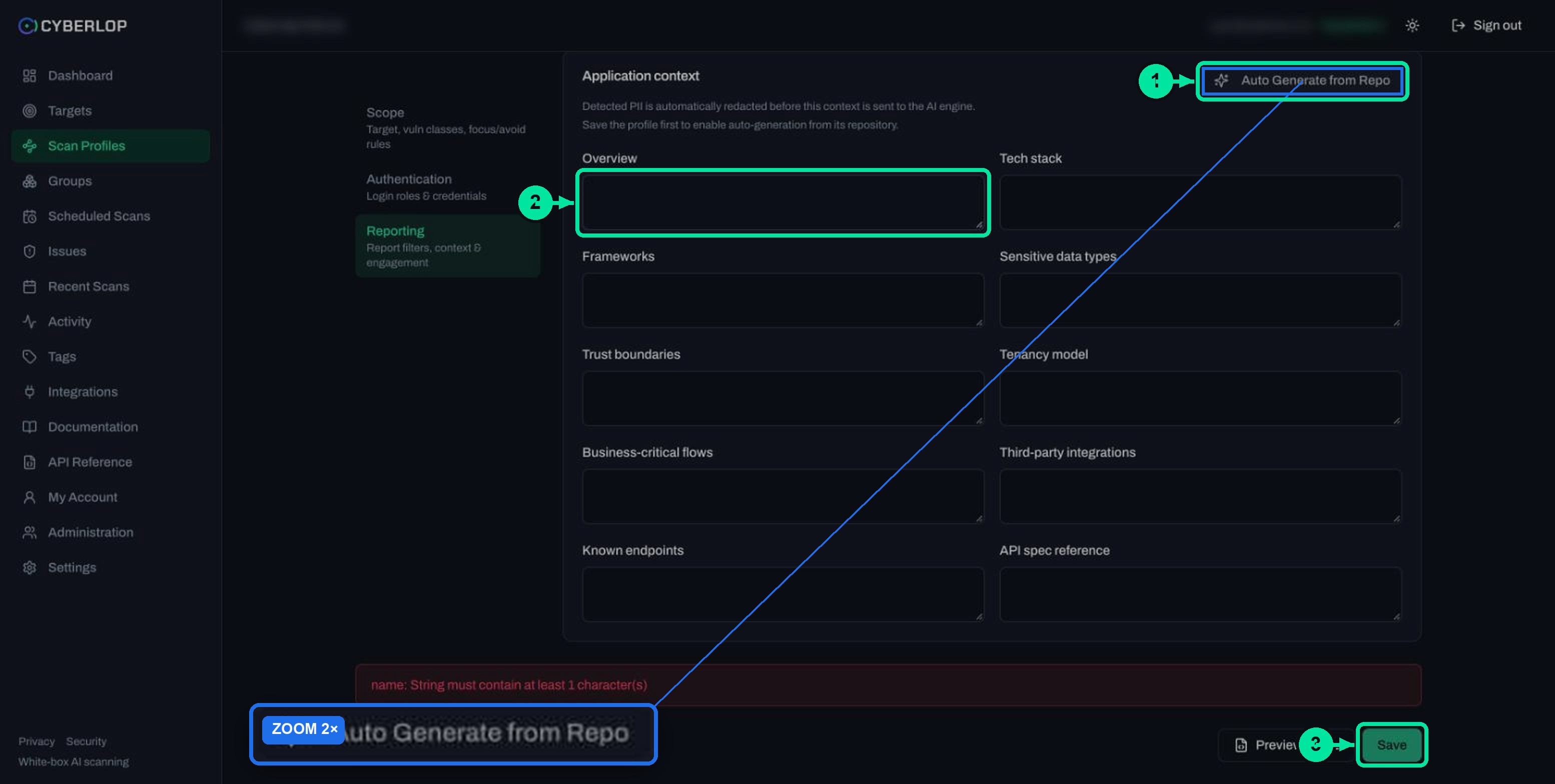 Reporting section of the scan profile form showing the application context text fields and the PII redaction note.
