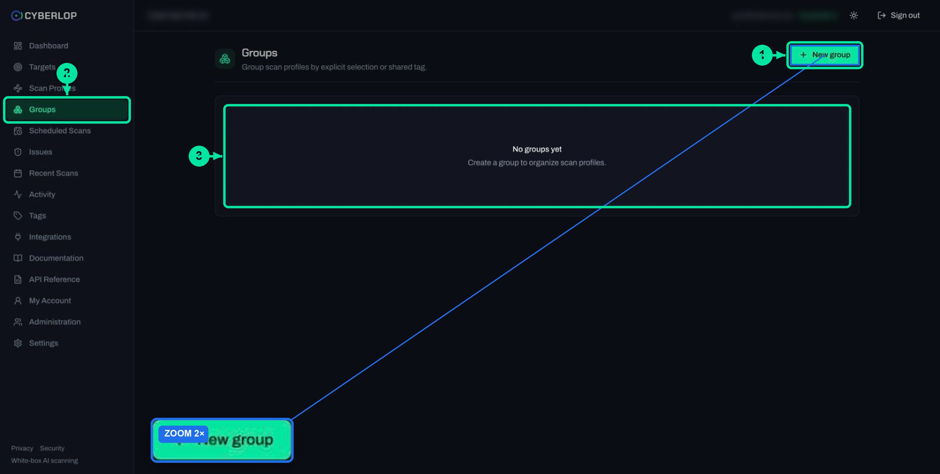 Groups page empty state with a New group button.
