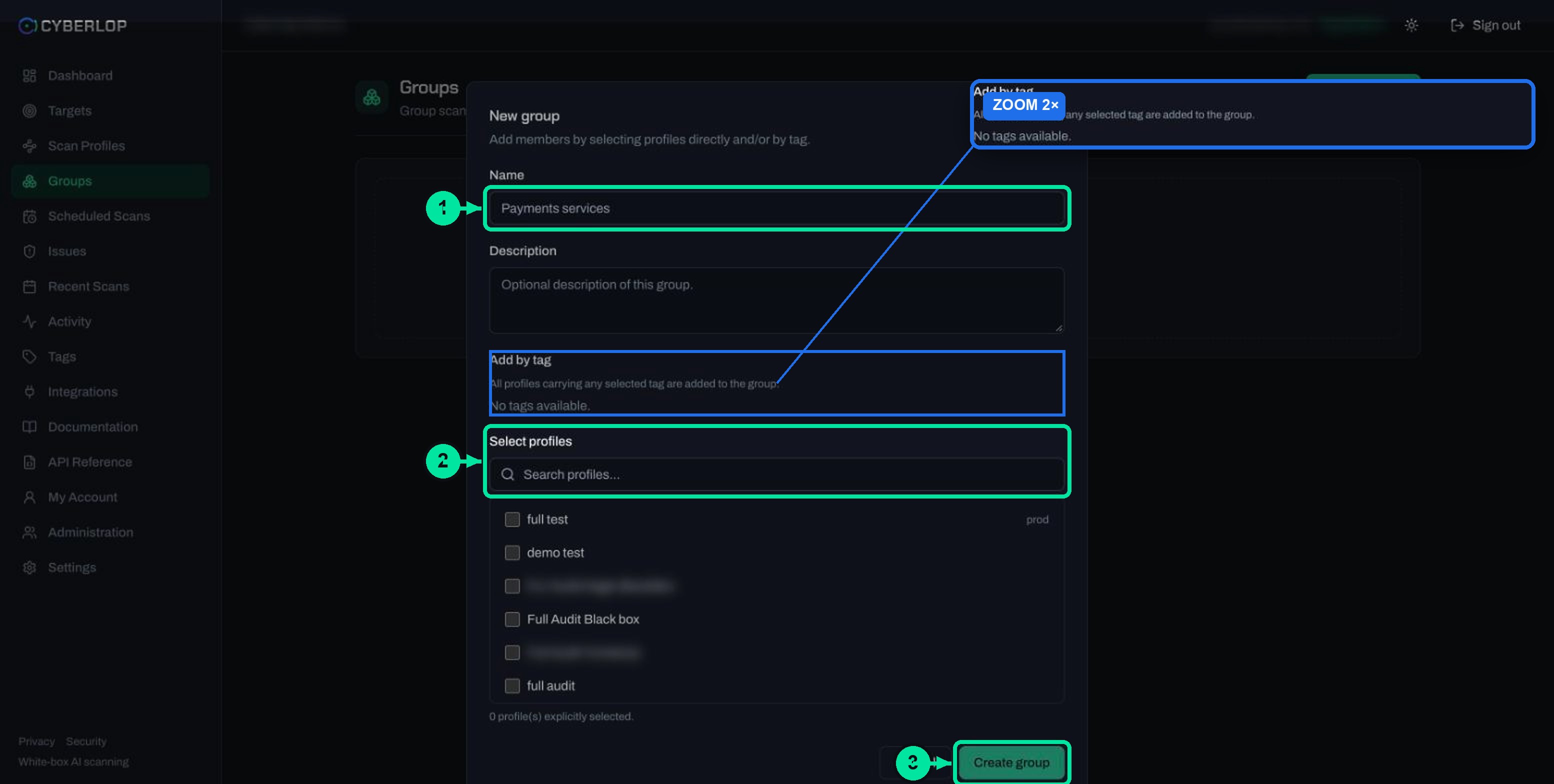 New group dialog with name, description, Add by tag and profile checklist.