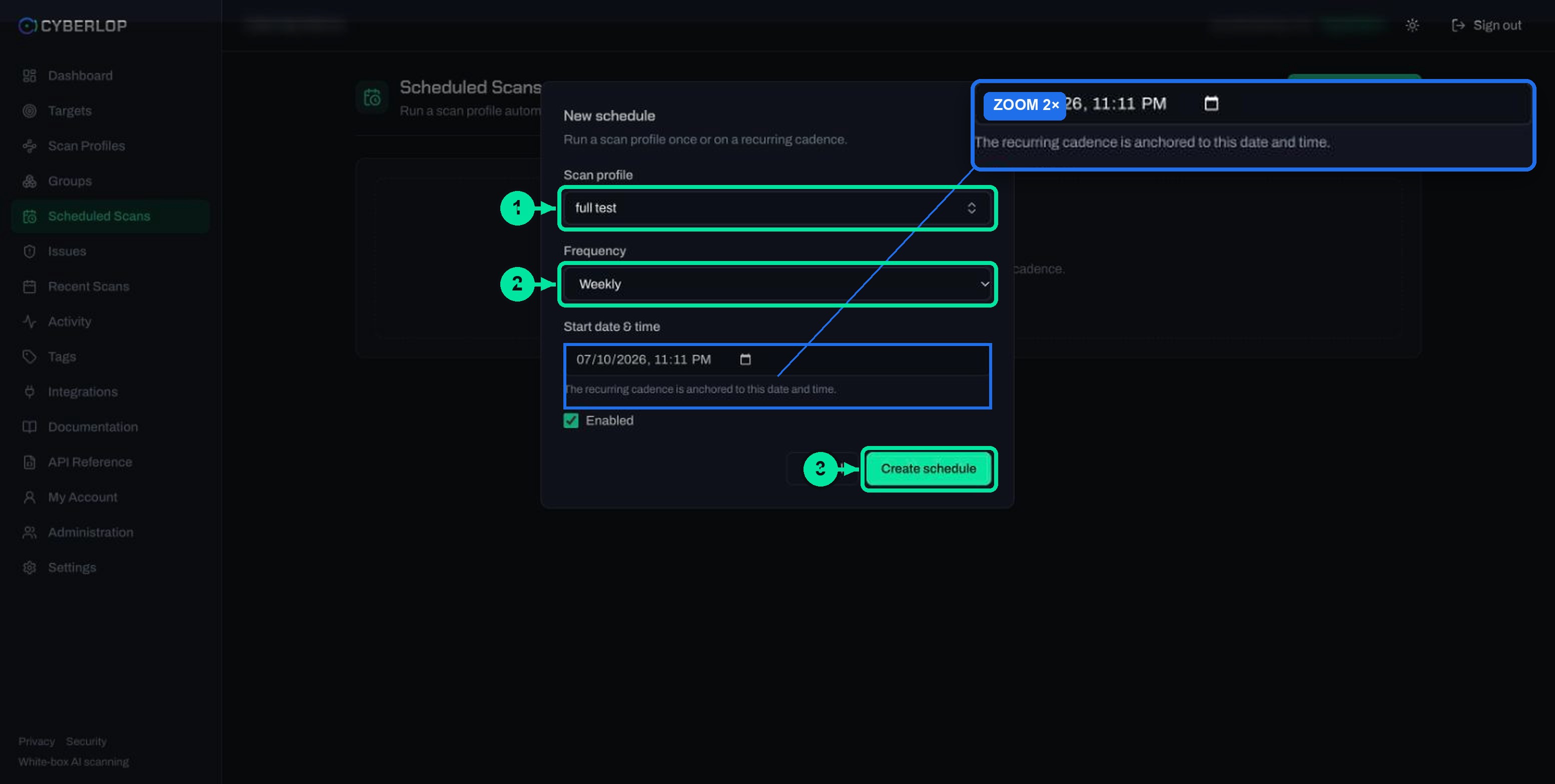 New schedule dialog with scan profile picker, frequency, start date and time, and the Enabled checkbox.