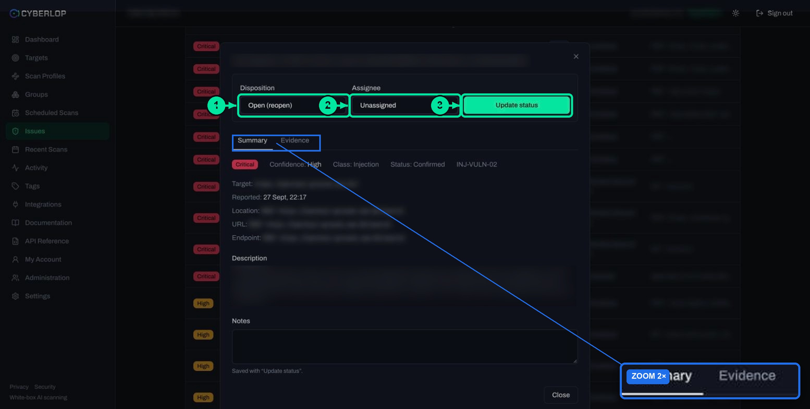 Issue dialog on the Summary tab with disposition, assignee, Update status button, severity badge and description