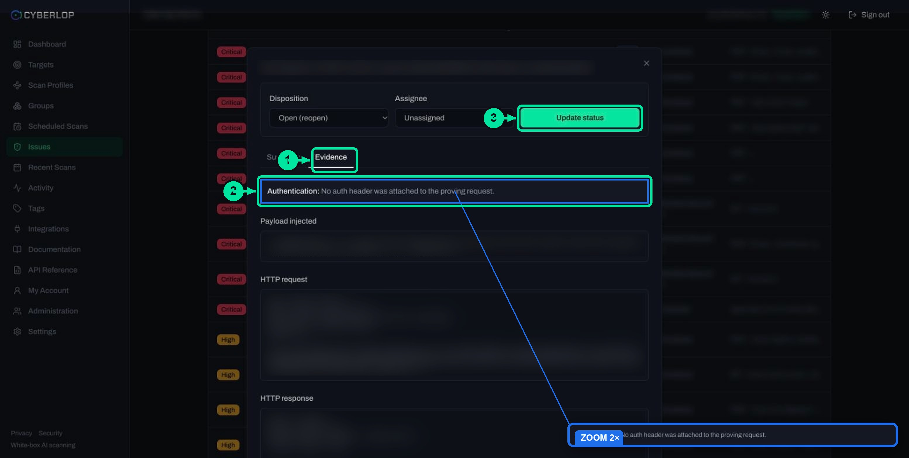 Issue Evidence tab with the Authentication line, injected payload and raw HTTP request