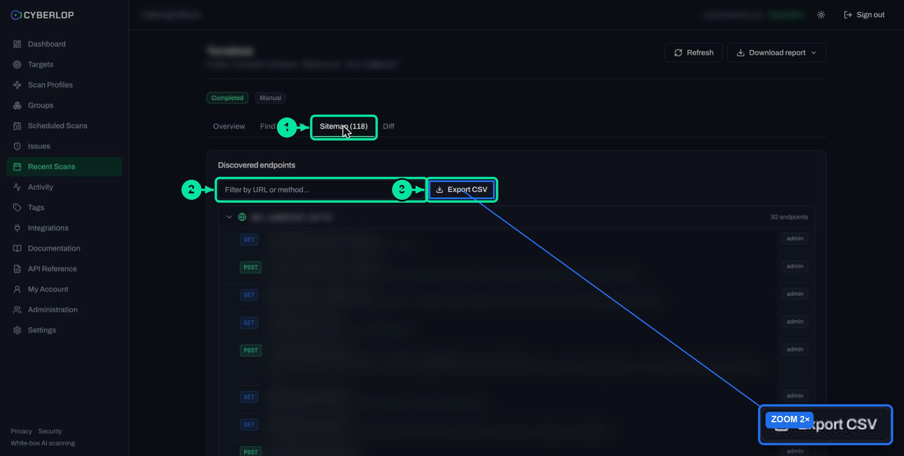 Scan detail Sitemap tab listing discovered endpoints grouped by host with method badges and role chips.