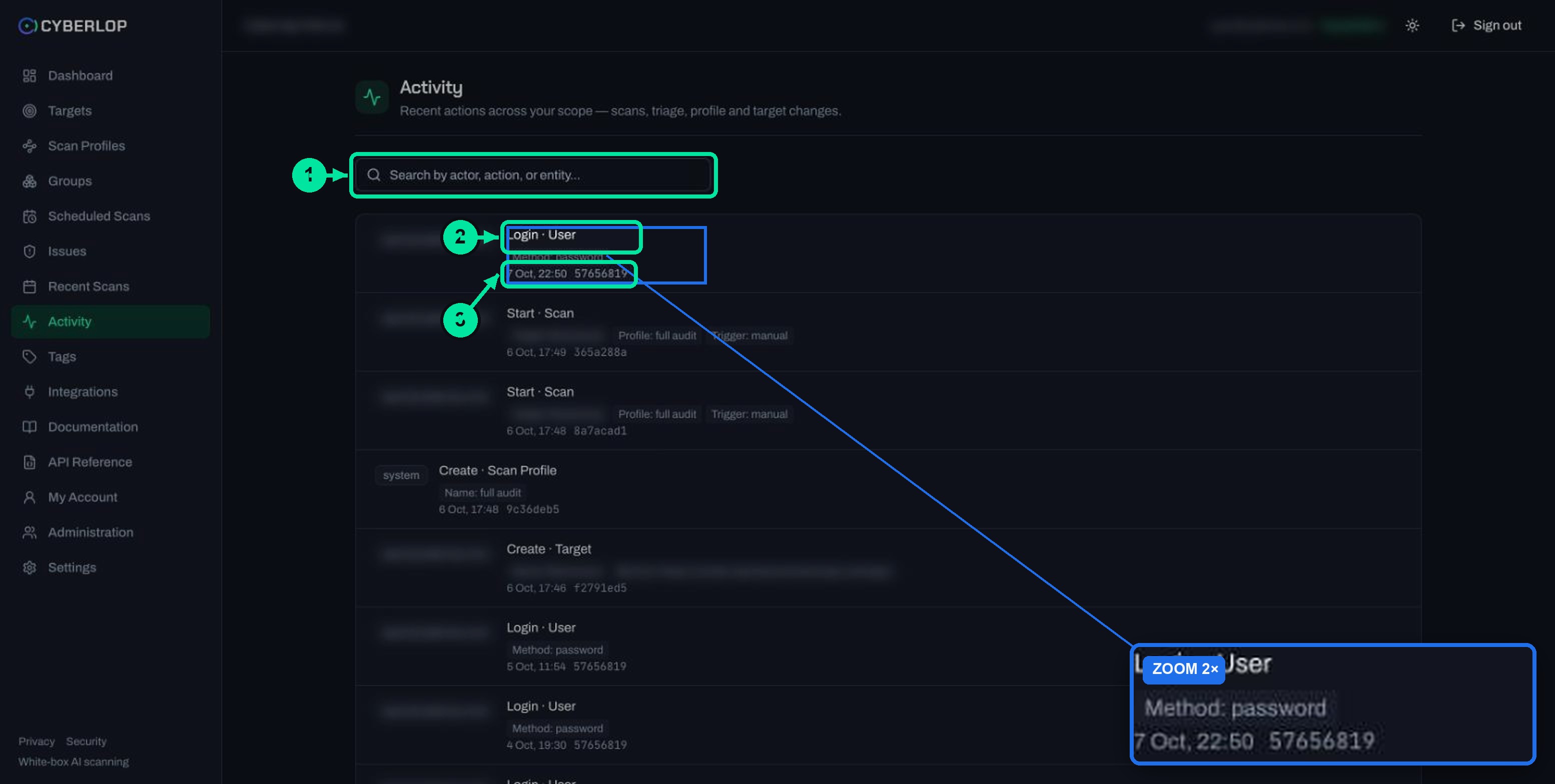 Activity feed listing actor, Action and Entity titles, detail chips and timestamps for recent workspace actions.
