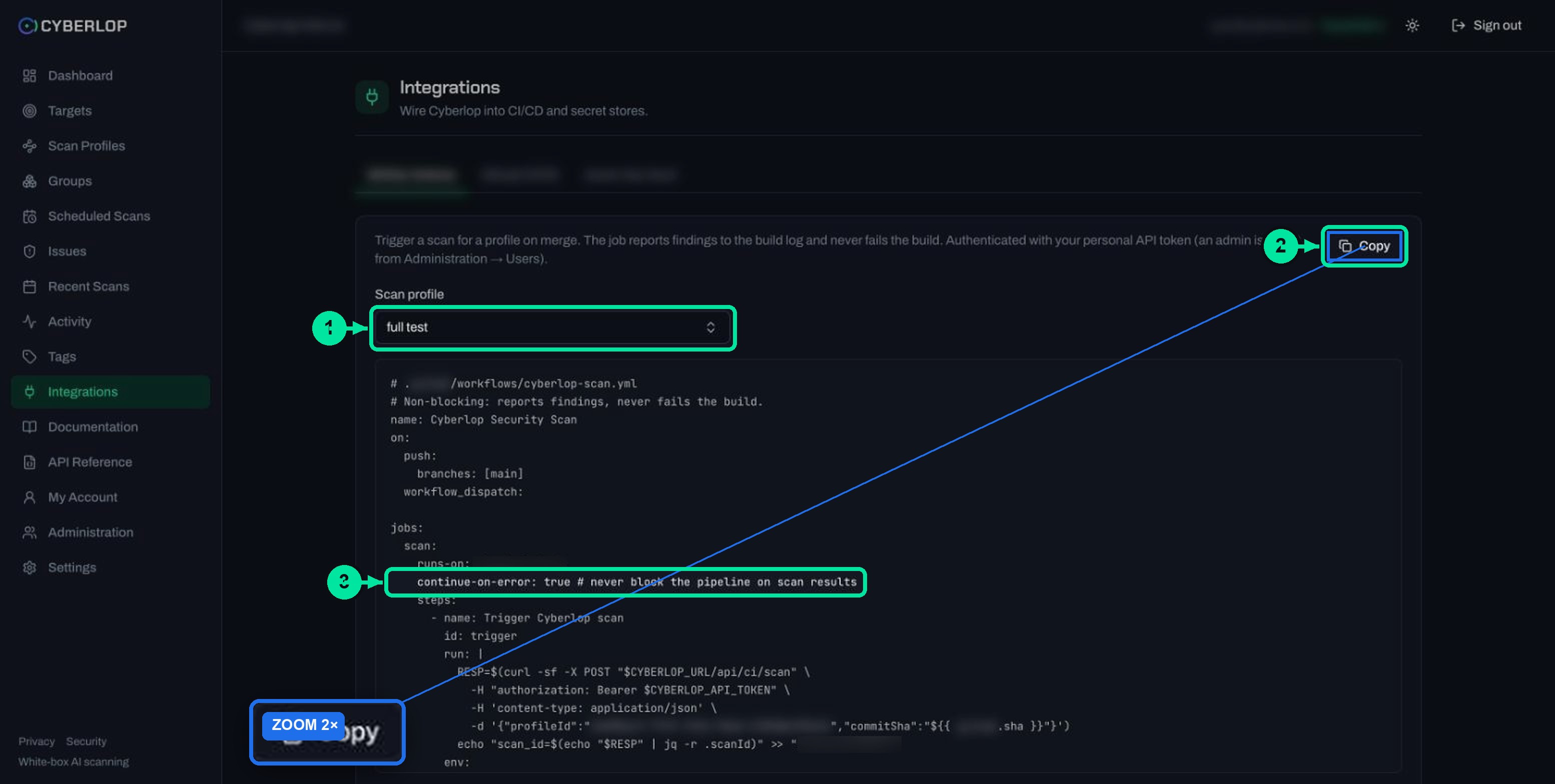 Integrations page CI tab with a scan profile picker and the generated pipeline YAML that calls the CI endpoints.
