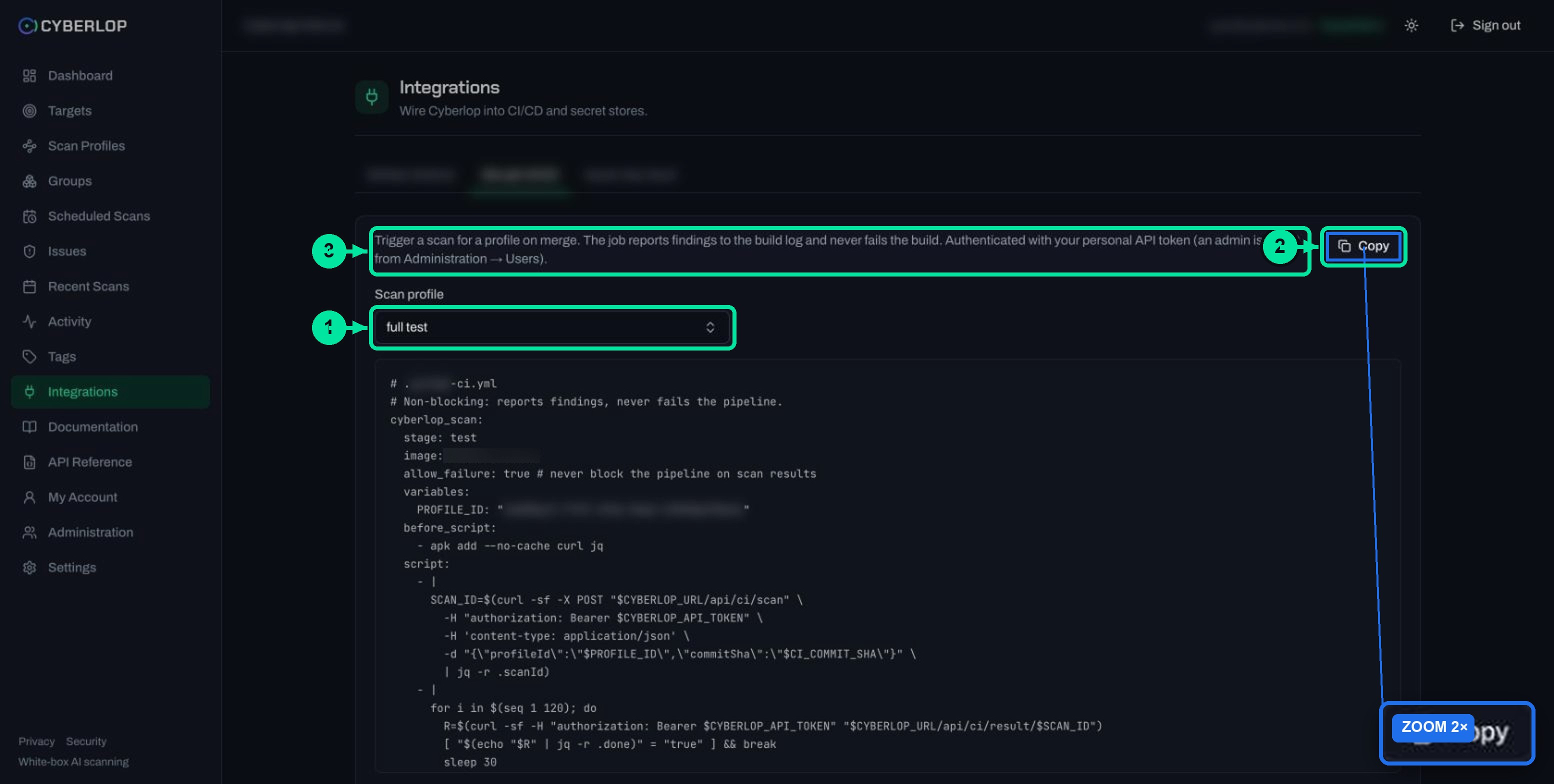 Integrations page, pipeline tab with the scan profile picker and generated pipeline file