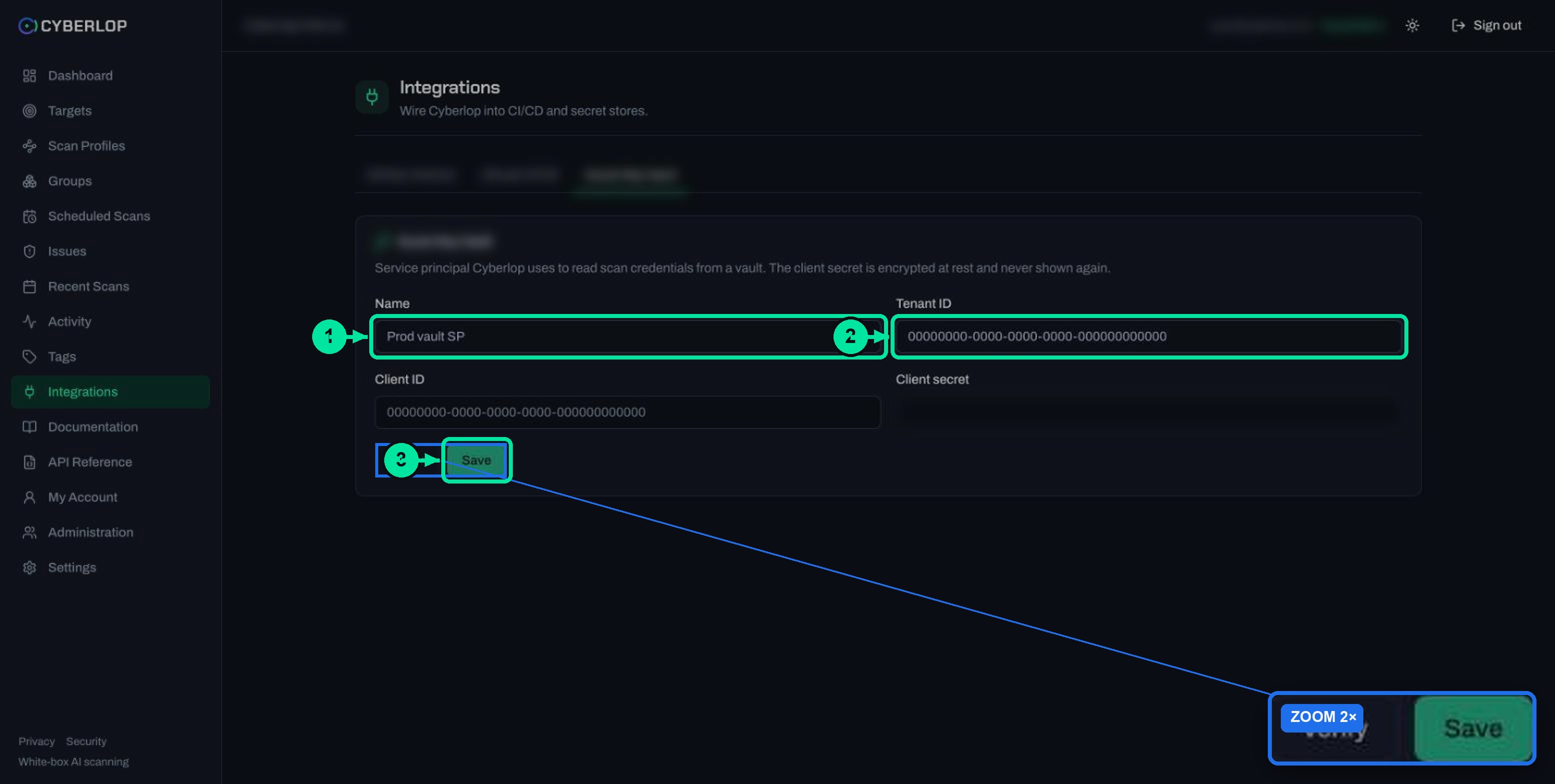 Integrations page key vault tab with Name, Tenant ID, Client ID and masked Client secret fields and Verify and Save buttons.