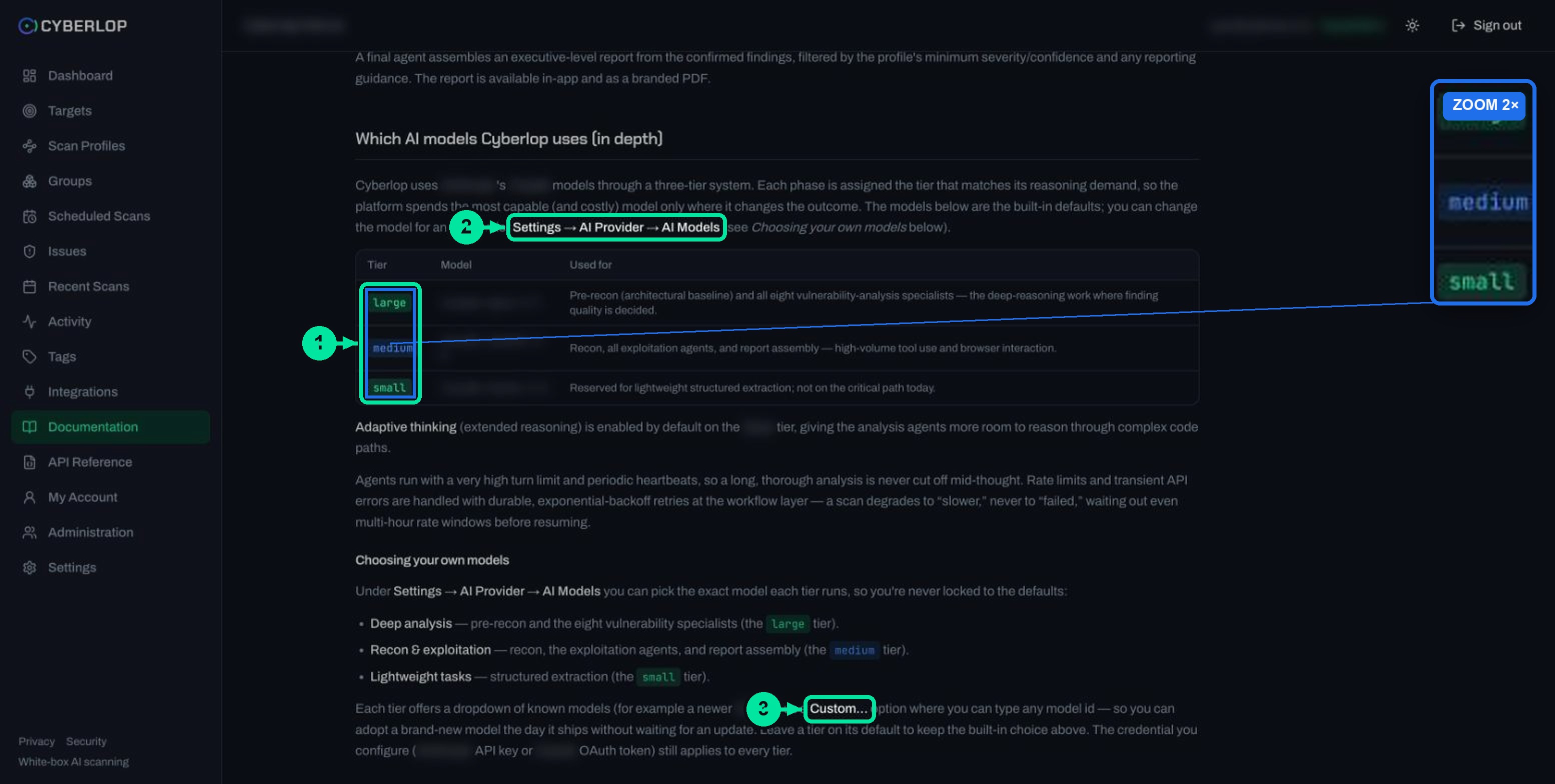 In-app documentation section on models, listing the three tiers and how to choose your own models.