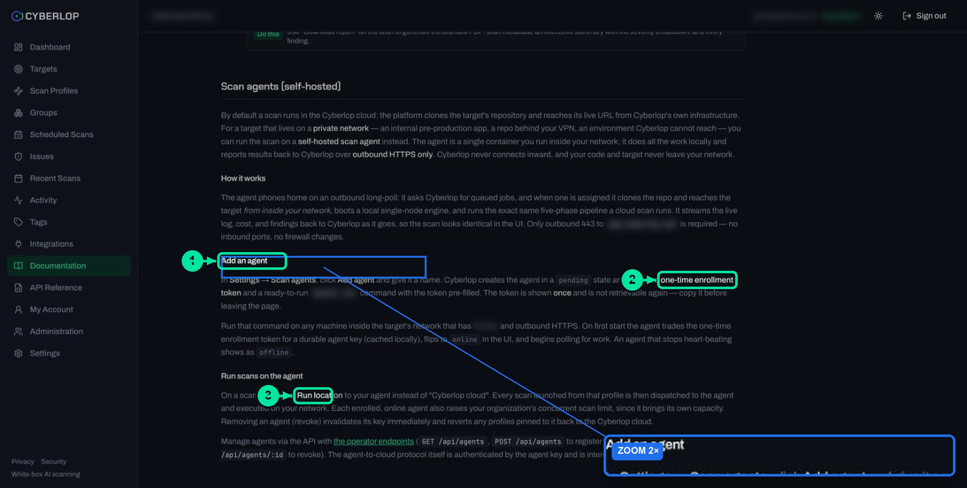 In-app documentation section on self-hosted scan agents covering how they work, adding an agent and running scans on it.