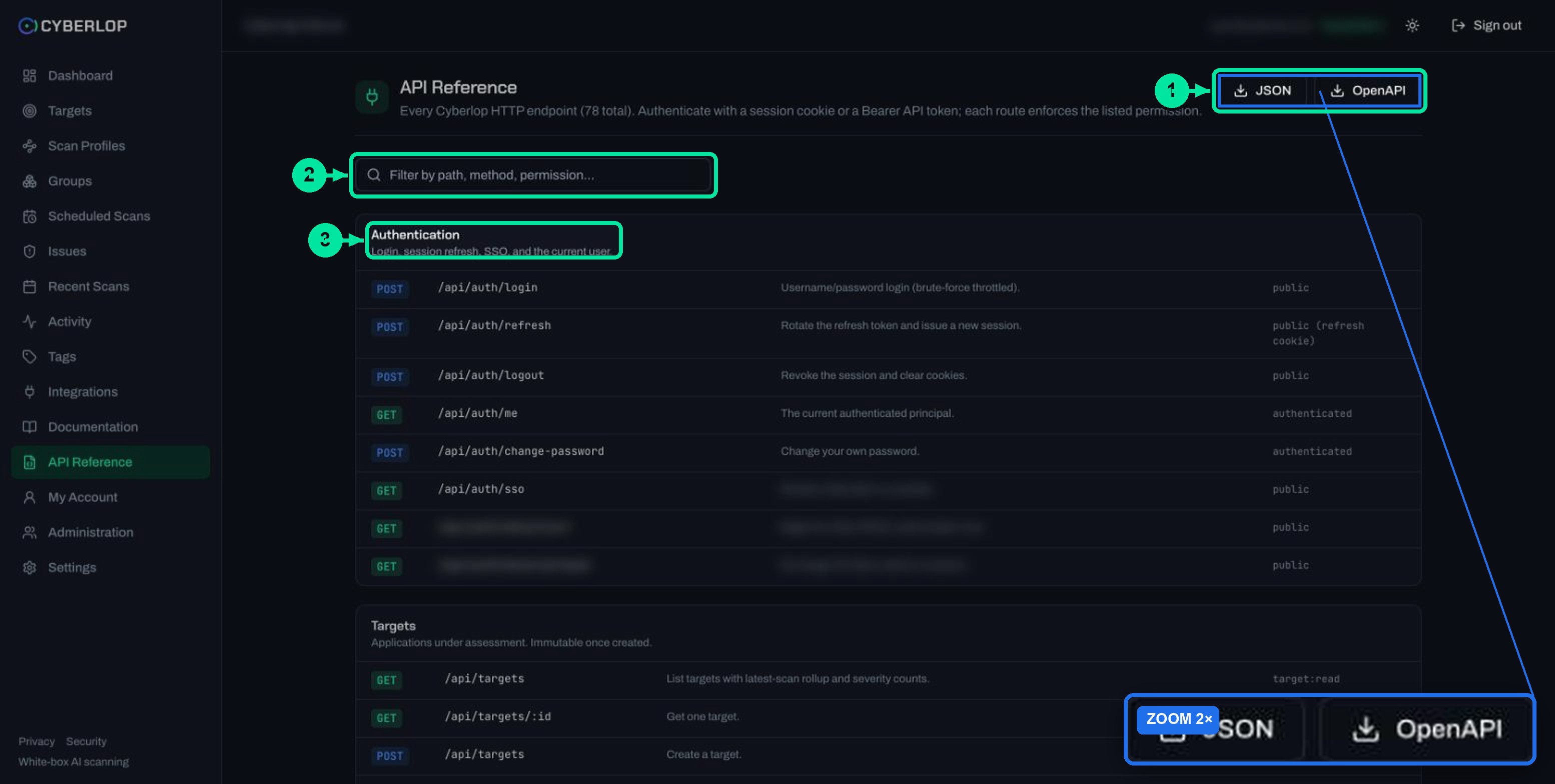 API Reference page with JSON and OpenAPI download buttons, a filter box and the Authentication endpoint group.