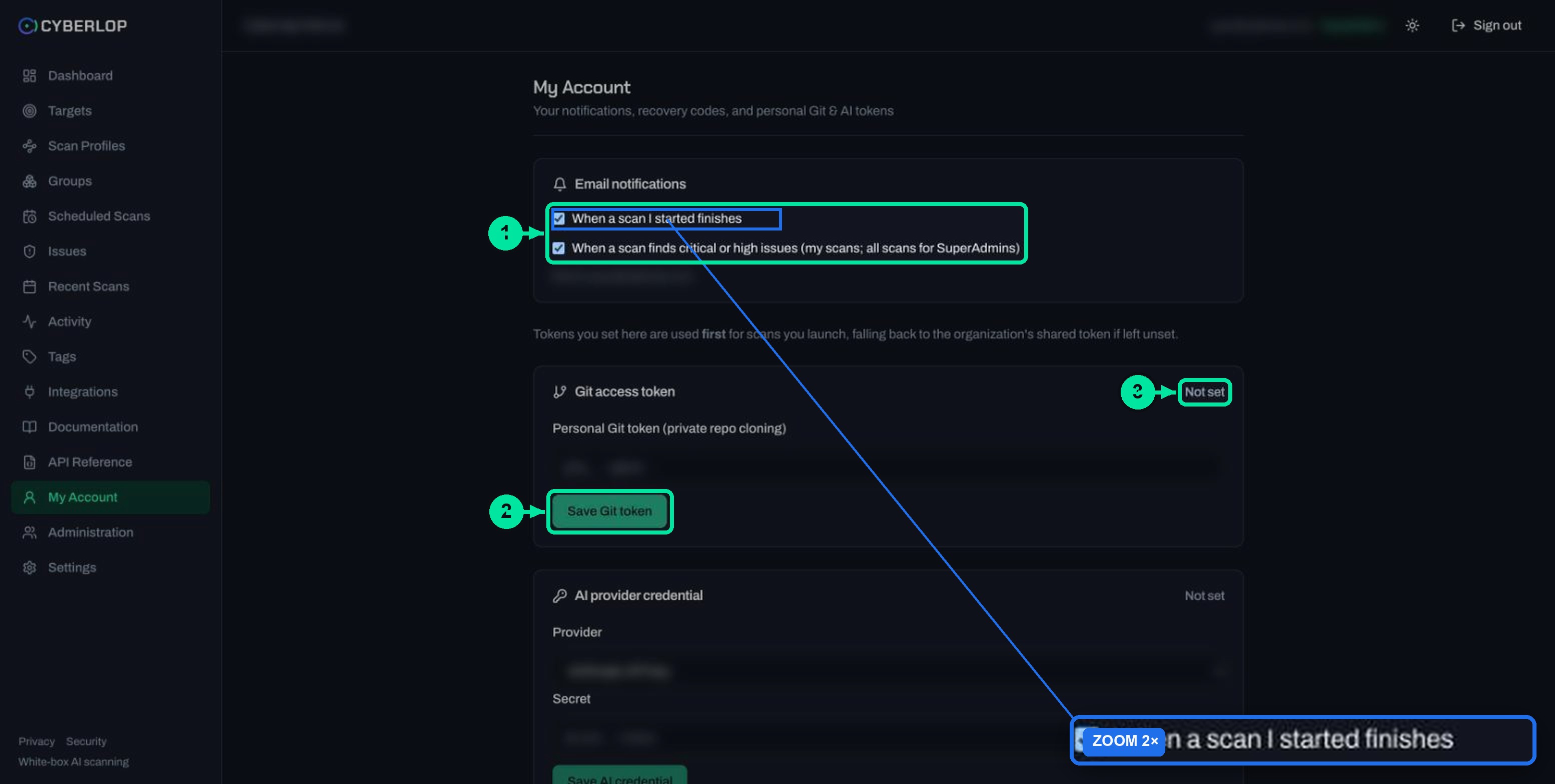 My Account page with email notification checkboxes and a personal Git access token field marked Not set.