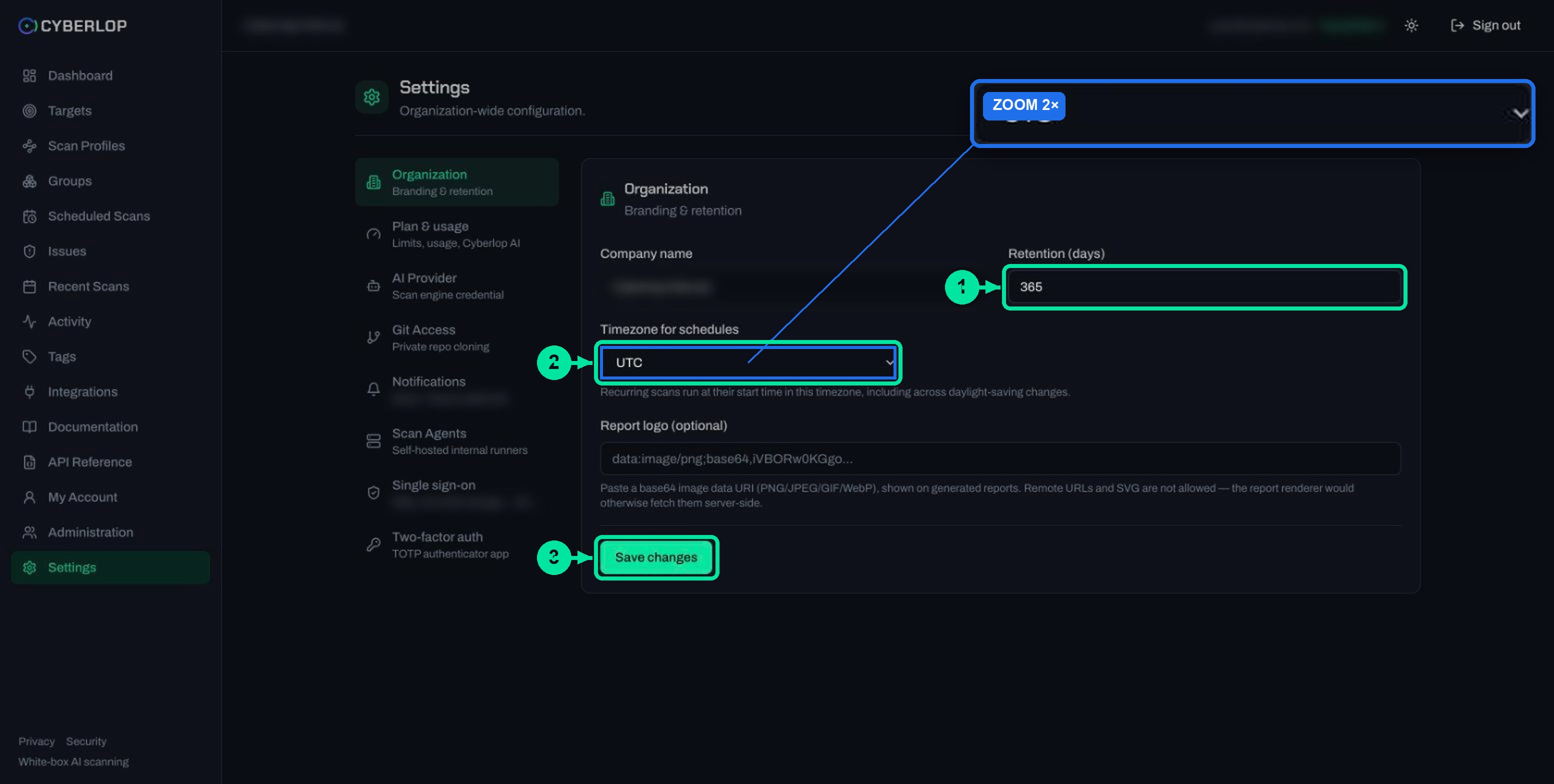 Settings Organization tab with company name, Retention in days, timezone and report logo fields.