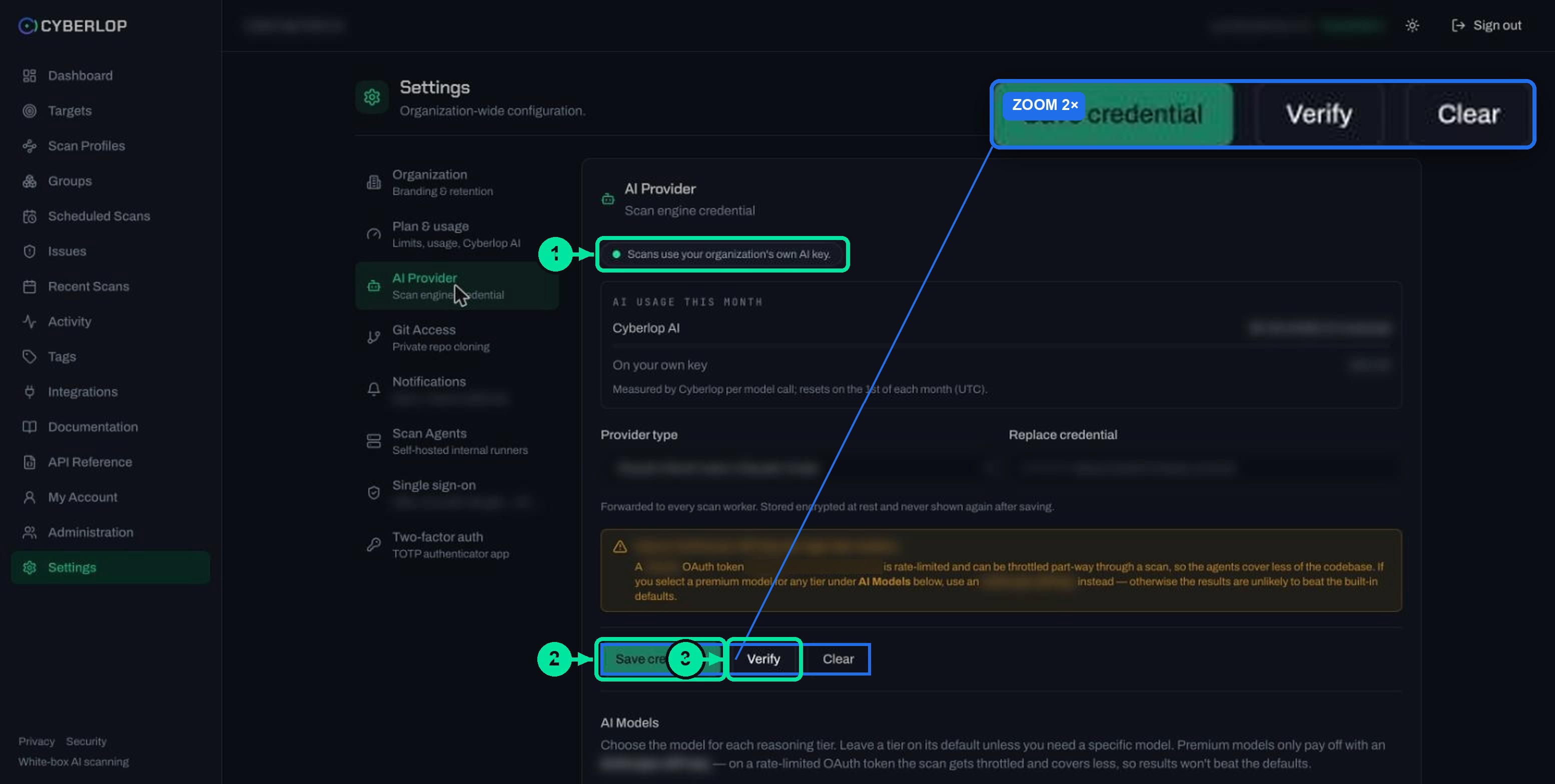 Settings AI Provider tab with status, usage this month, provider type, credential field, warning, Save, Verify and Clear buttons.