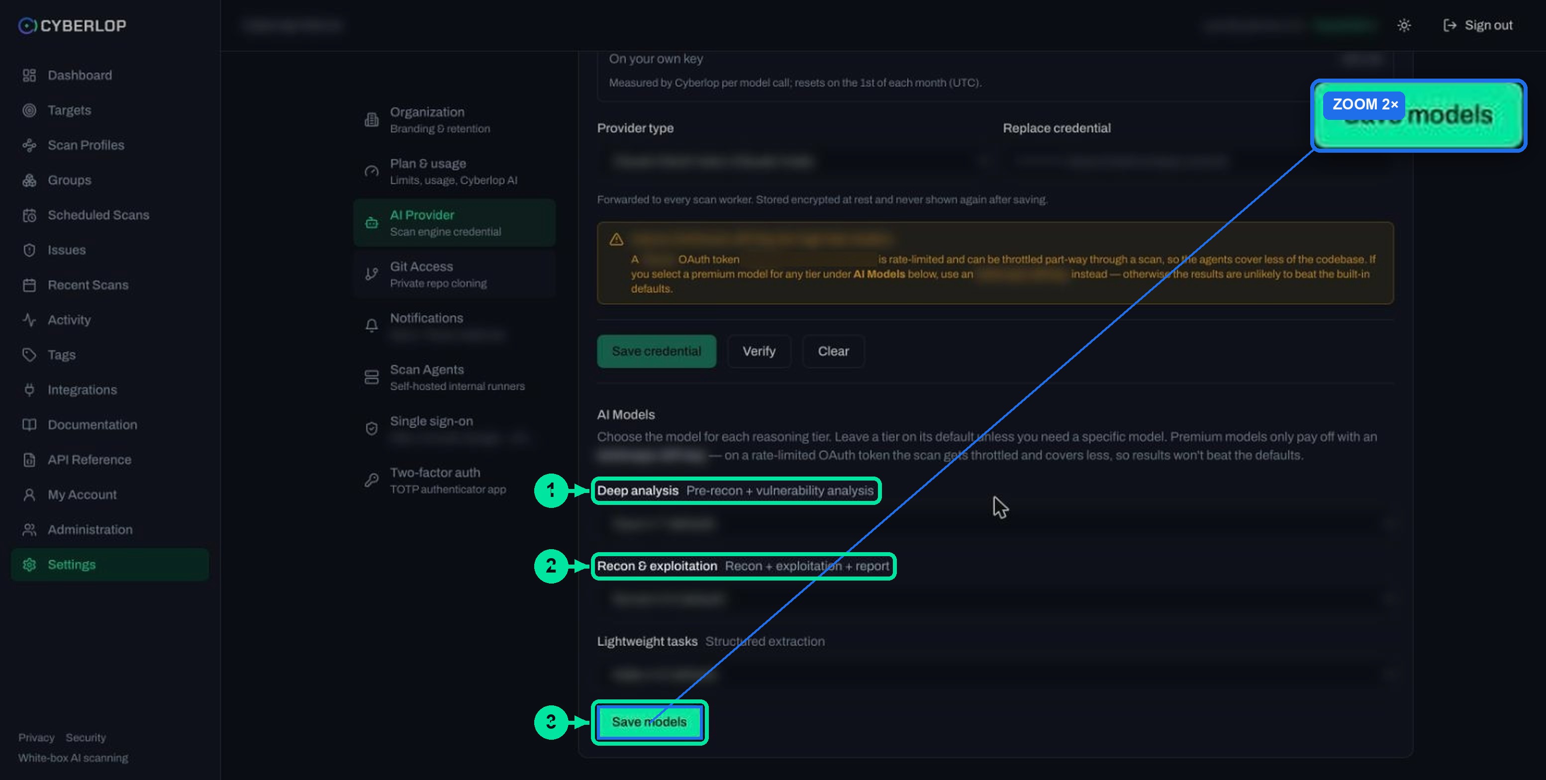 AI Models section with three tier selects for Deep analysis, Recon and exploitation, and Lightweight tasks, plus Save models.