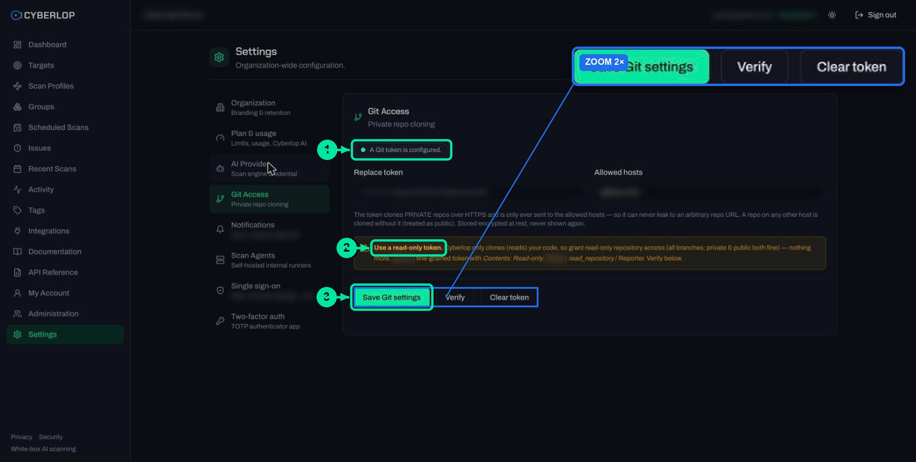 Settings Git Access tab with a configured token status, allowed hosts field and read-only token warning.