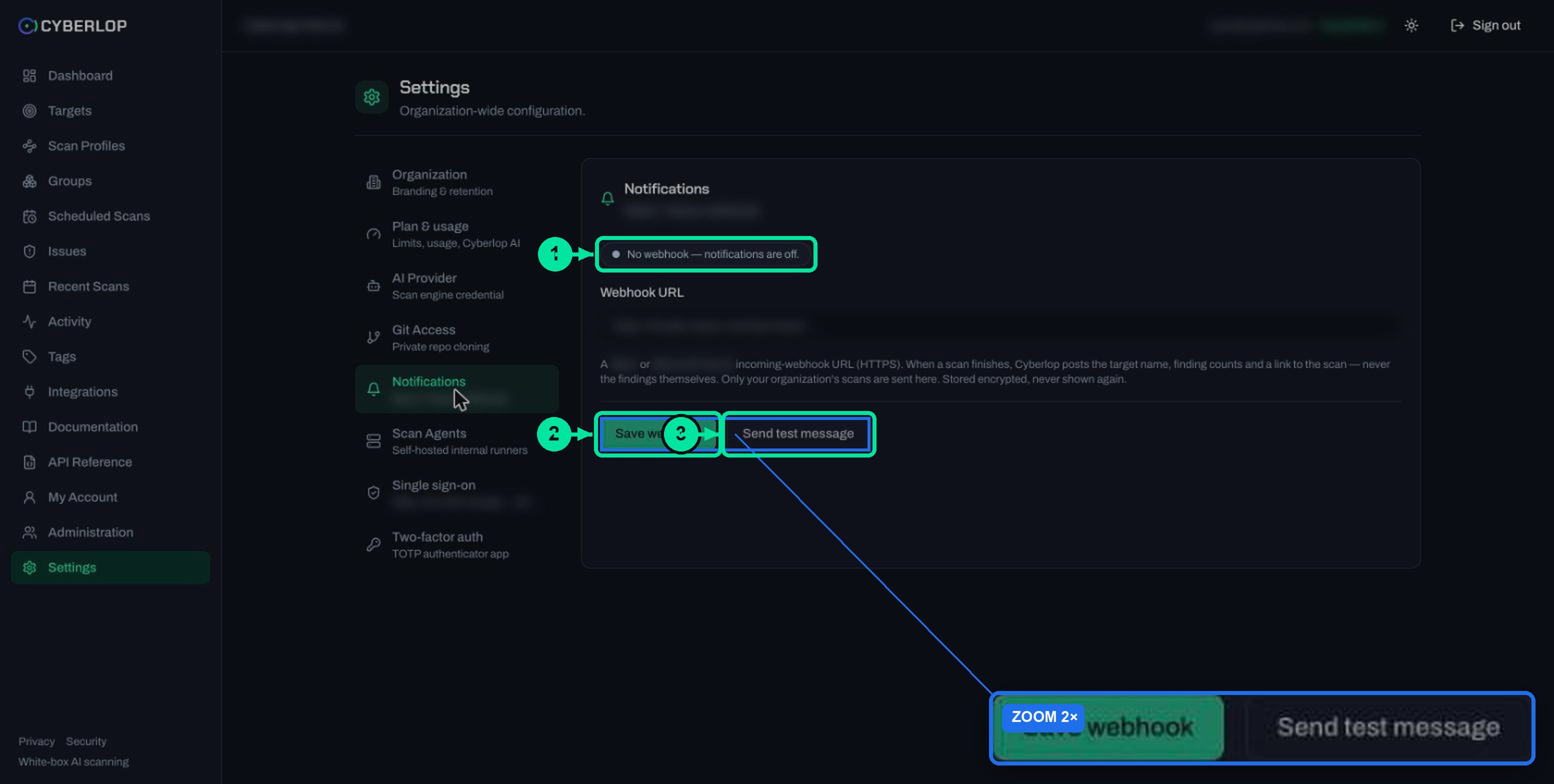 Settings Notifications tab showing the Webhook URL field, Save webhook and Send test message, with notifications off