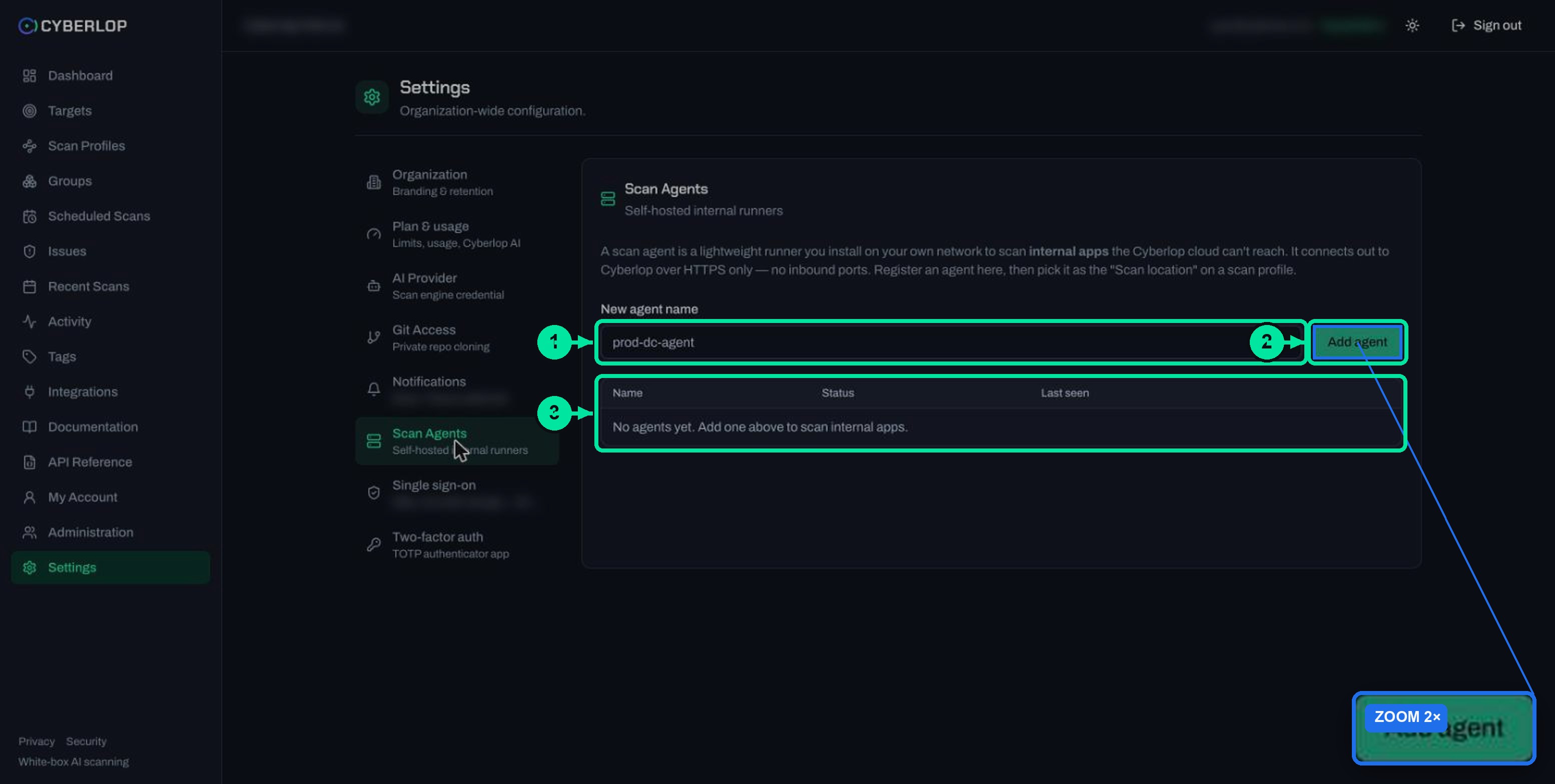 Settings Scan Agents tab with a New agent name field, an Add agent button and an empty agents table.