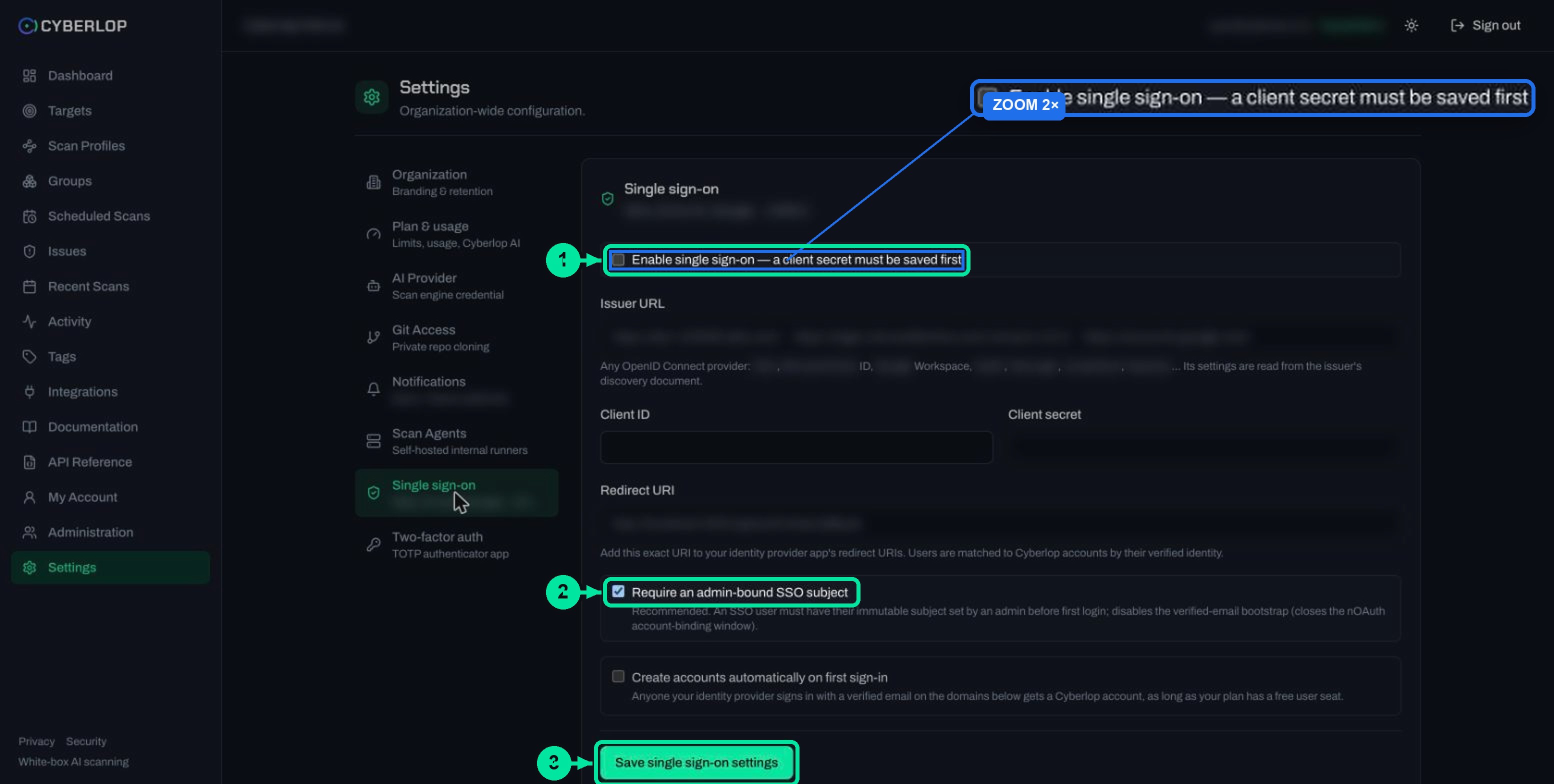 Settings Single sign-on tab with enable box, issuer, client ID, secret, redirect URI and account-binding options.