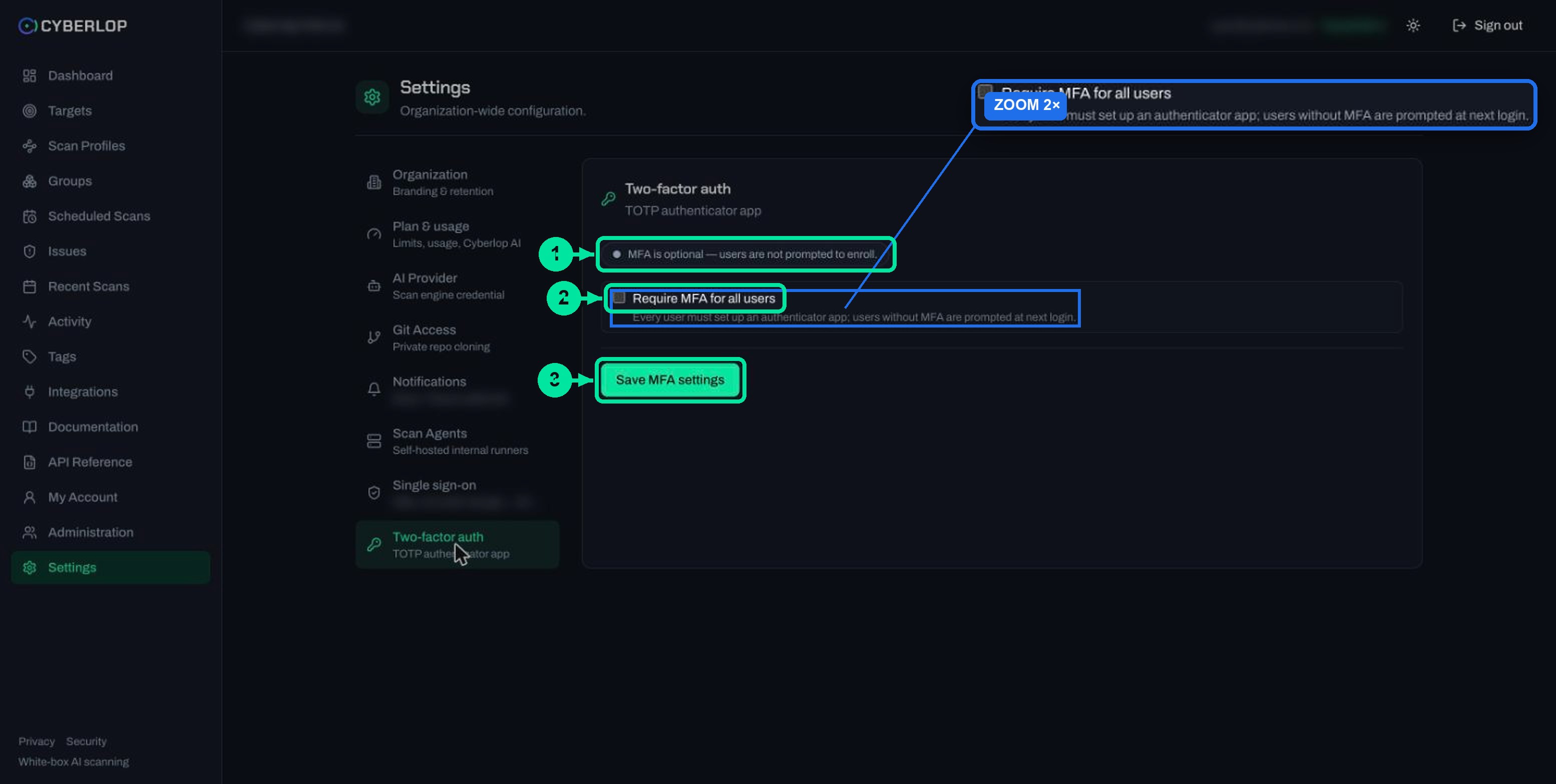 Settings Two-factor auth tab with the MFA status pill, Require MFA for all users checkbox and Save MFA settings button.